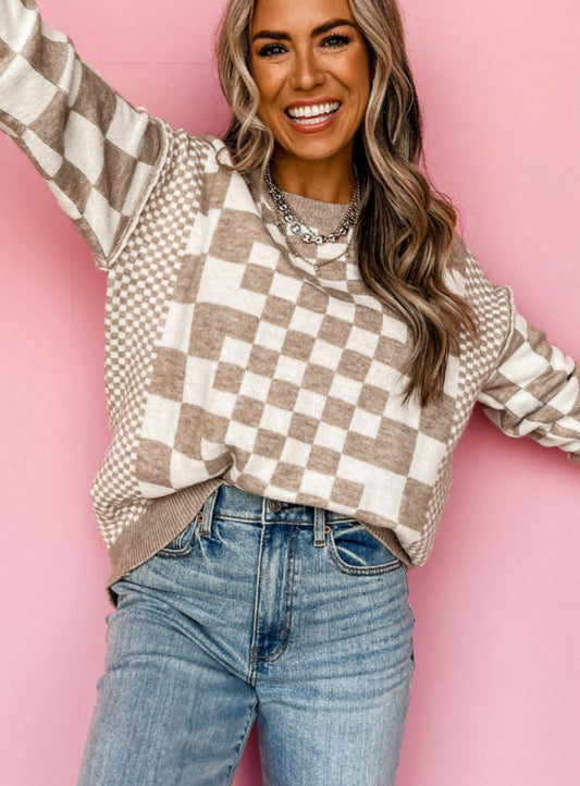 Khaki Checkered Print Sweater