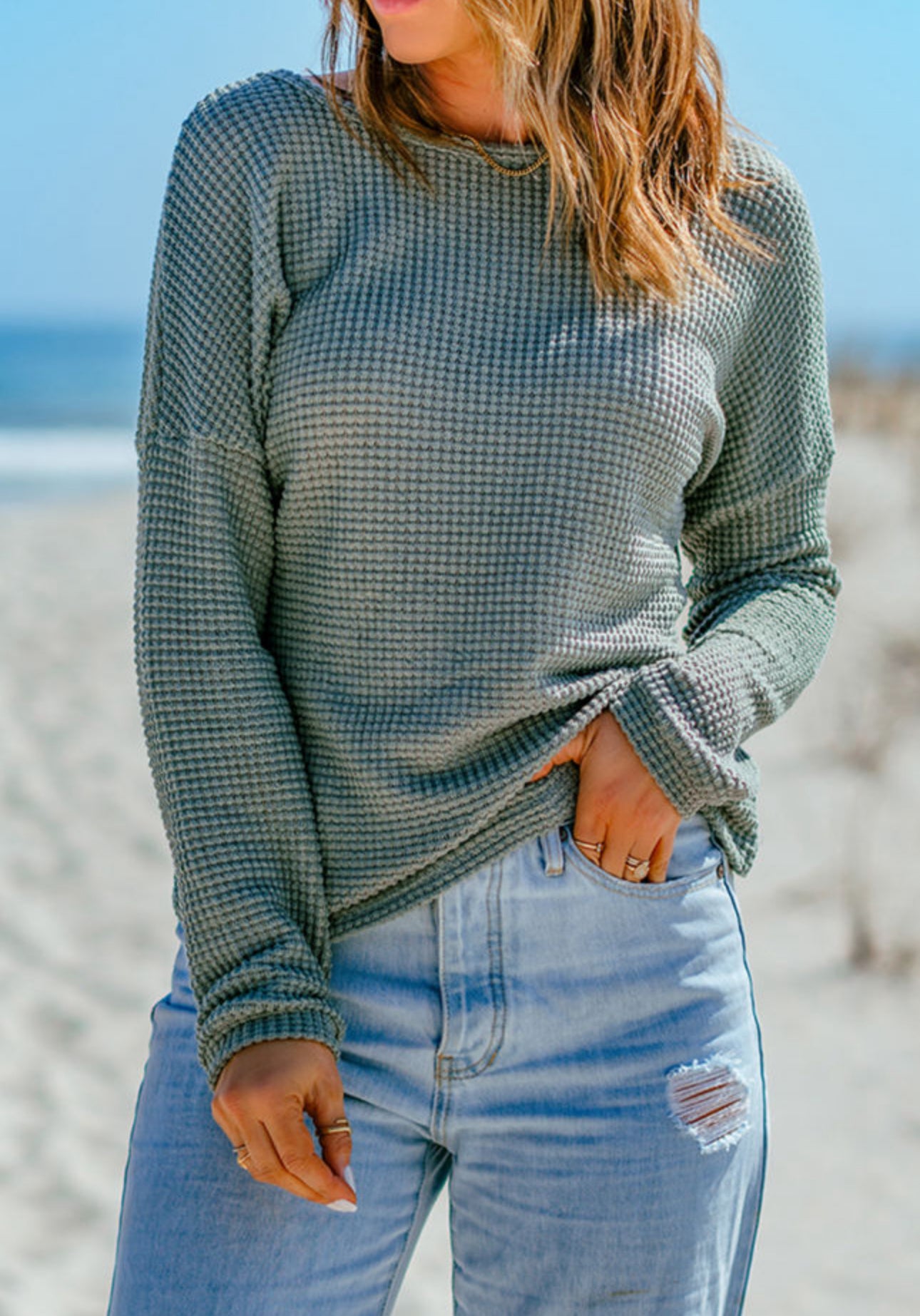 Waffle Knit Drop Shoulder Top - Green