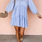 Blue Puff Sleeve V Neck Tiered Mini Dress