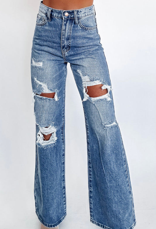 Ashleigh Blue Acid Wash Distressed Wide Leg High Rise Jeans