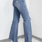 Dusk Blue High Rise Ripped Distressed Hem Flared Jeans