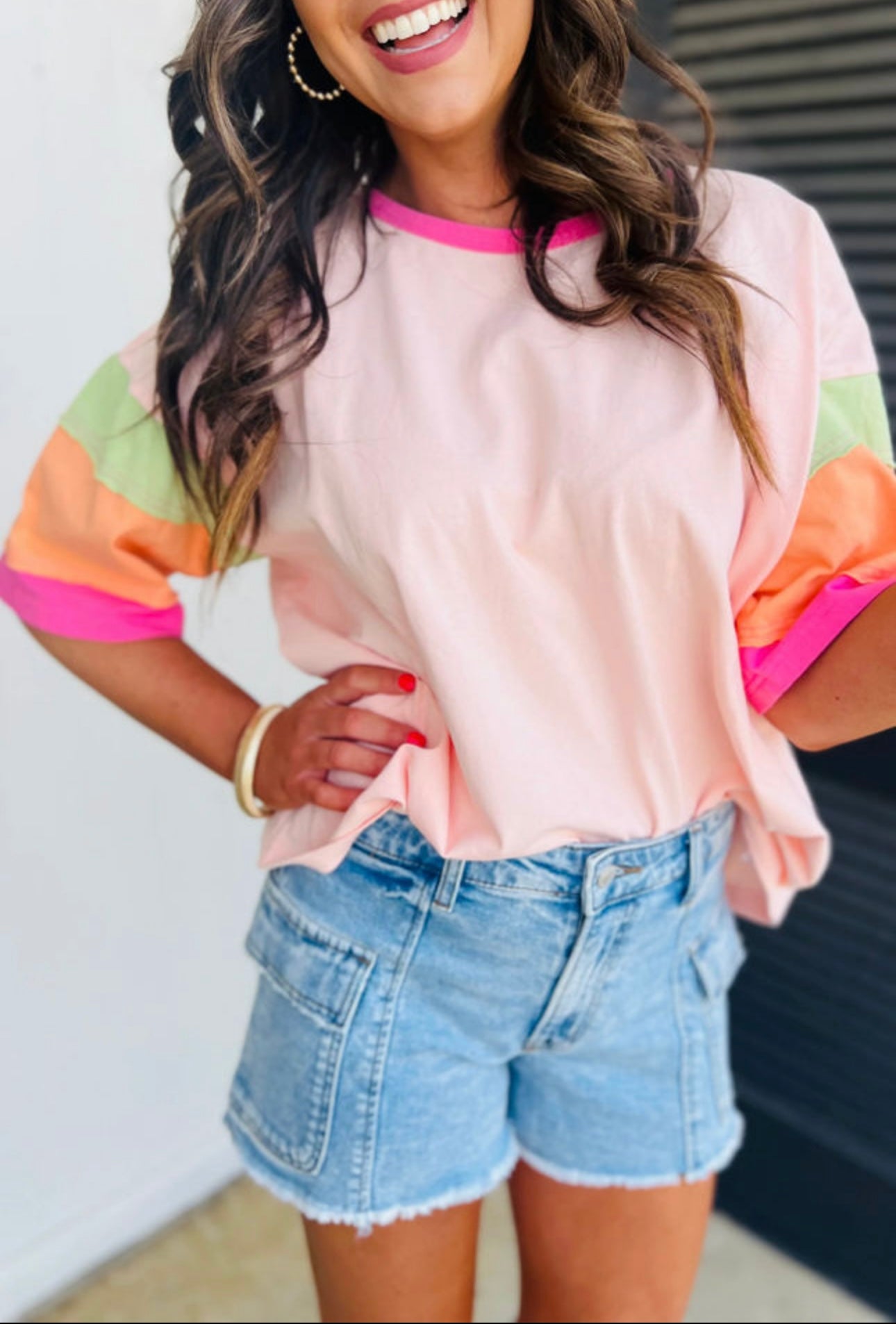 Pink color block tee