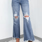 Dusk Blue High Rise Ripped Distressed Hem Flared Jeans