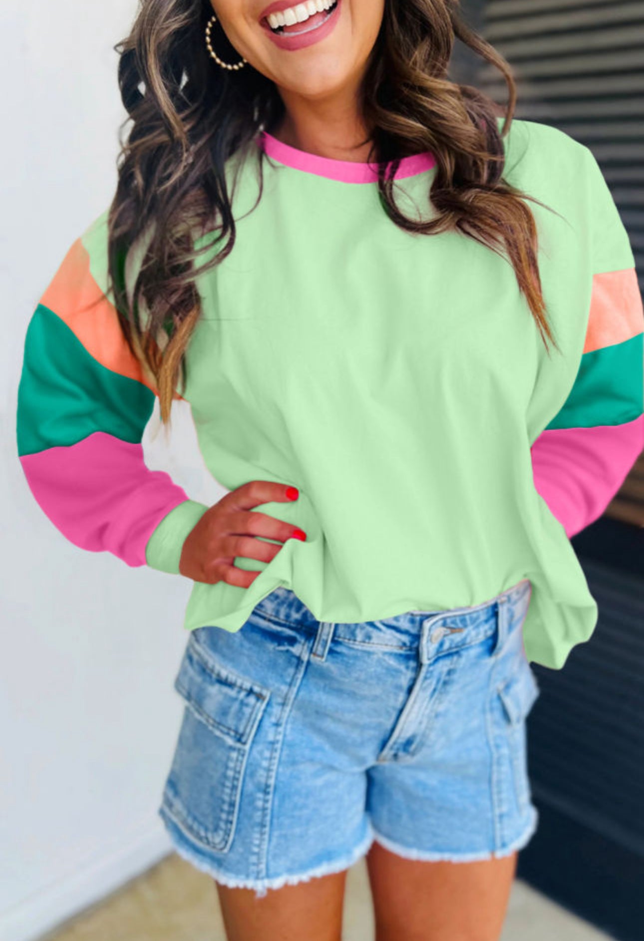 Light Green Color Block LS Tee