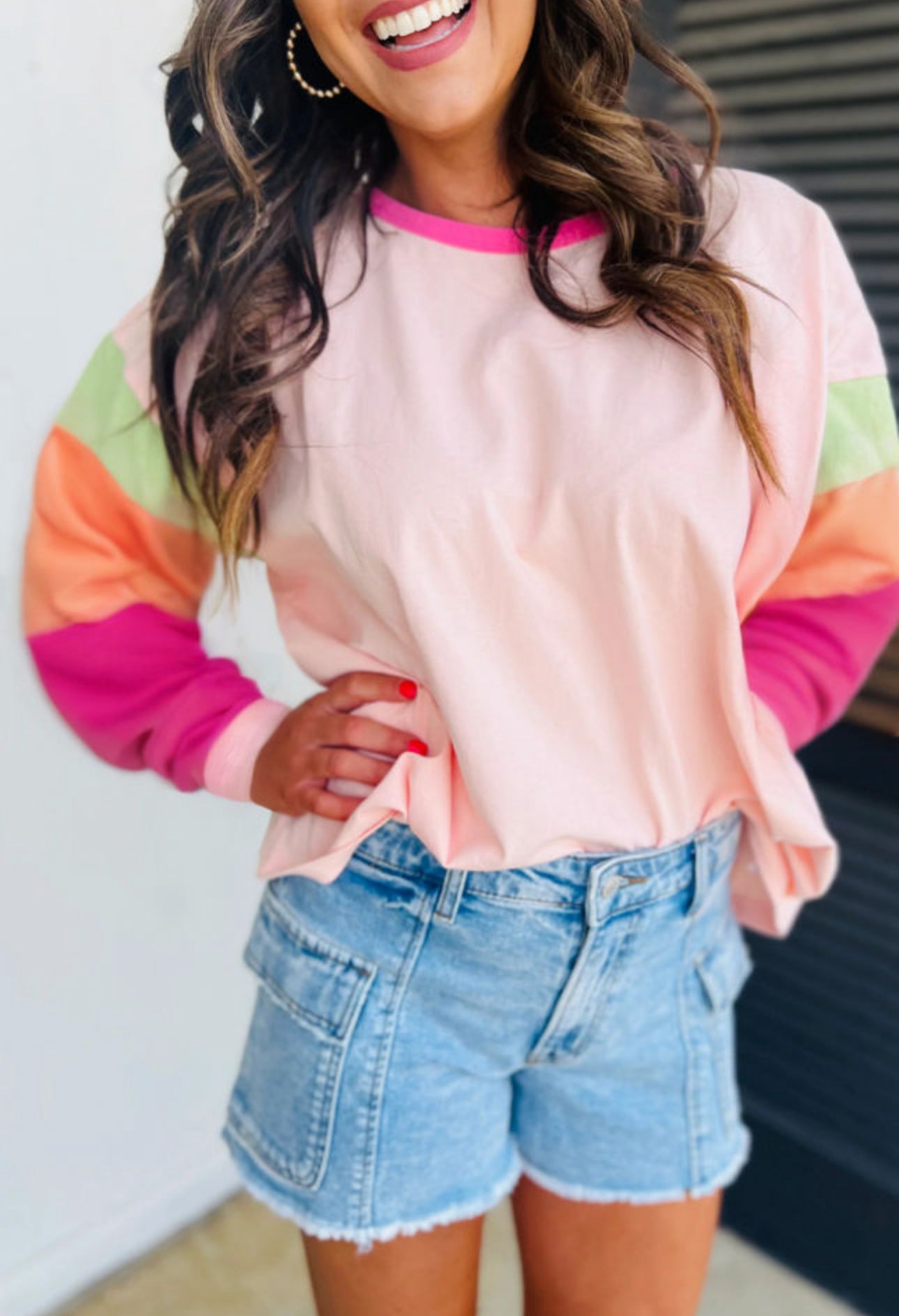 Pink Color Block LS Tee