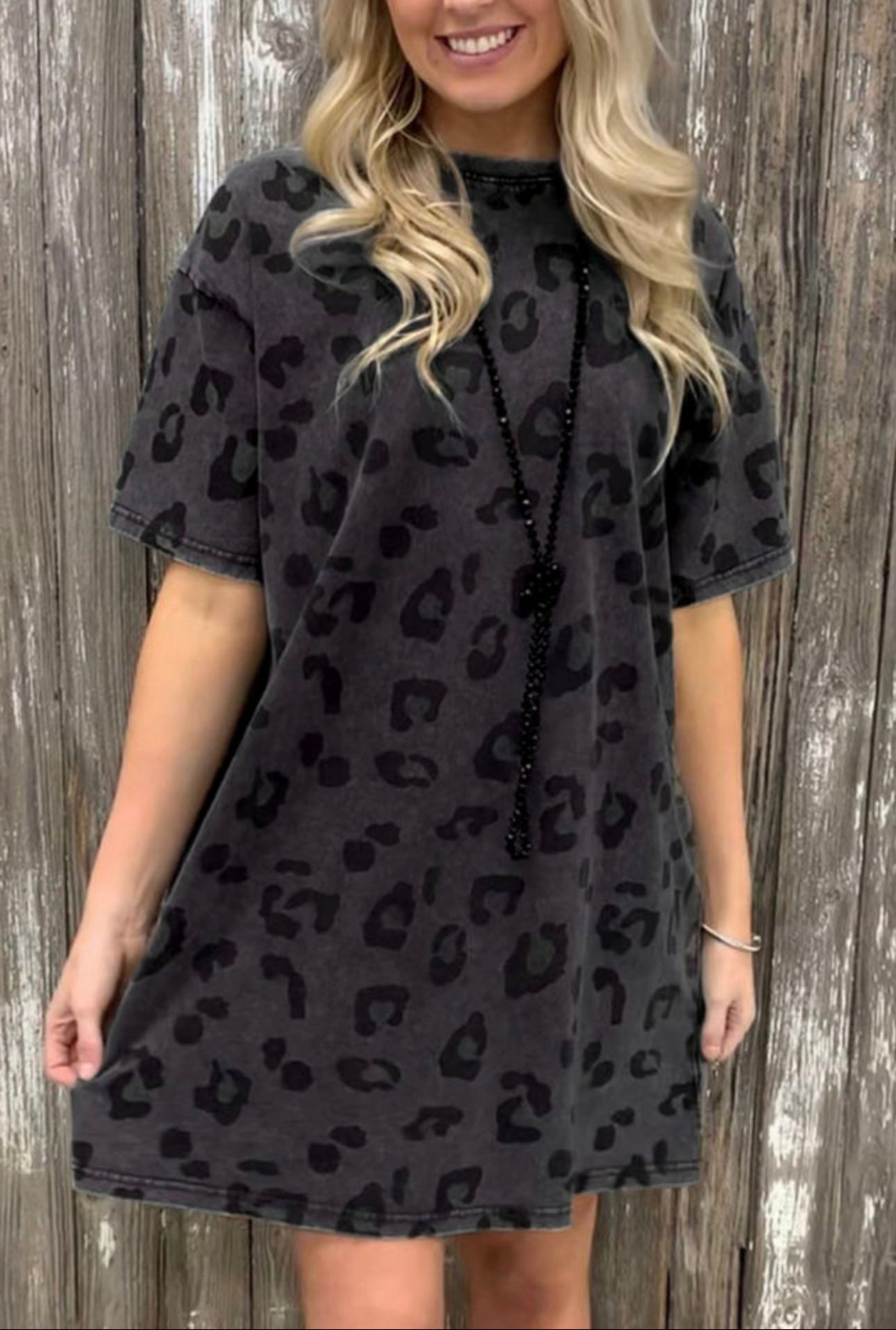 Gray vintage washed leopard t-shirt dress