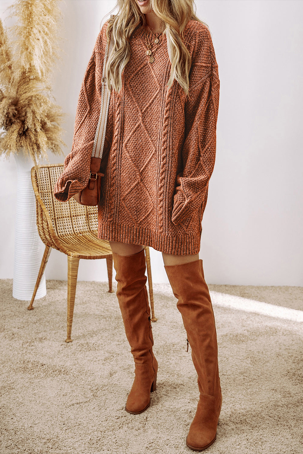 Cable Knit Drop Shoulder Sweater Dress - Coffee