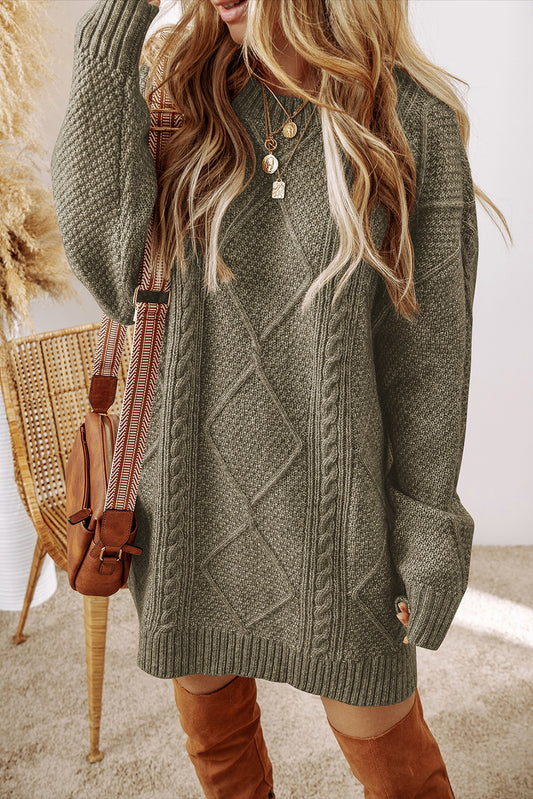 Cable Knit Drop Shoulder Sweater Dress - Mist Green